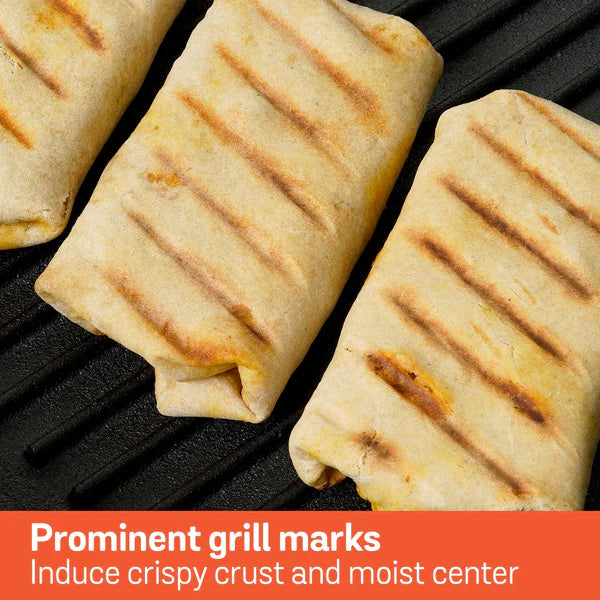 Meyer Cast Iron Grill Pan with three grilled burritos showing prominent grill marks and crispy crust