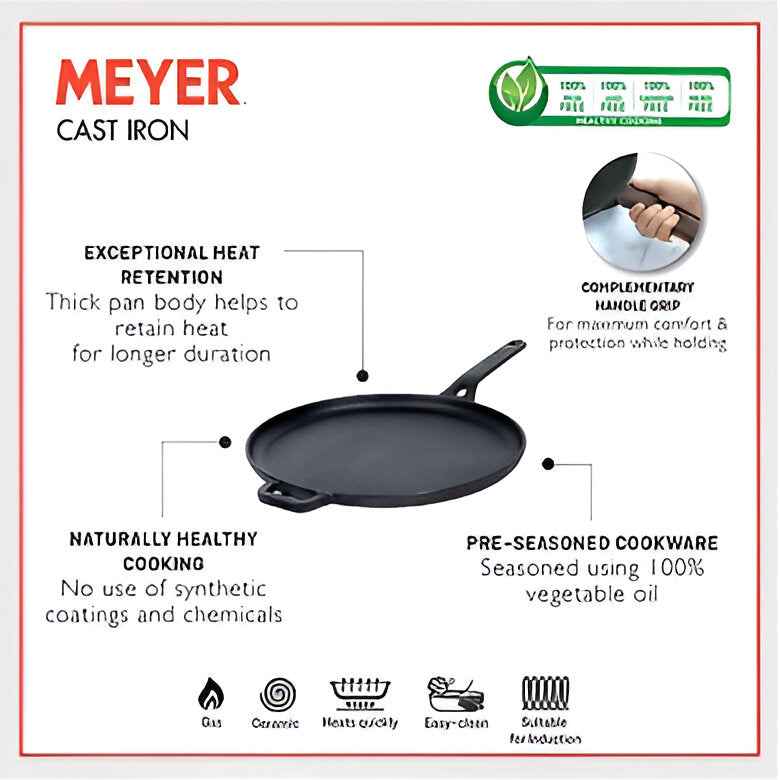 Meyer Pre-Seasoned Cast Iron Flat Dosa Tawa, 28cm