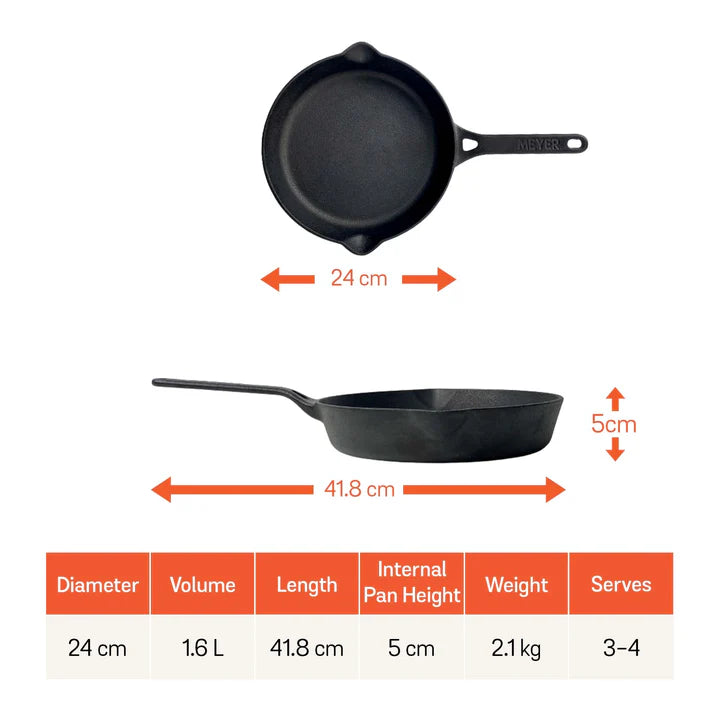 Meyer Pre-Seasoned Cast Iron Frypan, 24cm Frying Pan