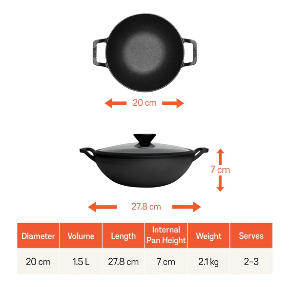 Meyer Pre-Seasoned Cast Iron Kadhai 20cm with Glass Lid, 1.5 liters Kadhai