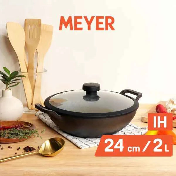 Meyer Pre-Seasoned Cast Iron Kadhai 24cm with Glass Lid, 2 liters