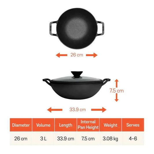 Meyer Pre-Seasoned Cast Iron Kadhai 26cm with glass lid, 3 liters