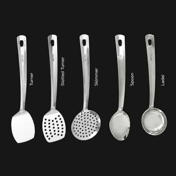 Meyer Stainless Steel Turner alongside slotted turner skimmer spoon and ladel kitchen utensils set