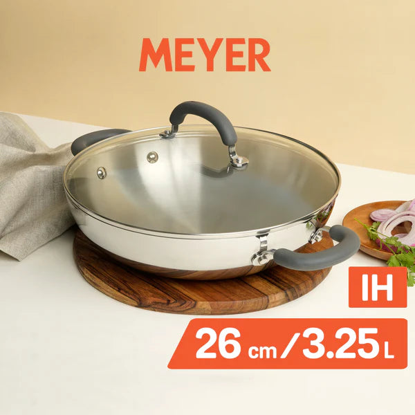 Meyer Trivantage Stainless Steel Triply Kadhai with lid, 26 cm Kadhai