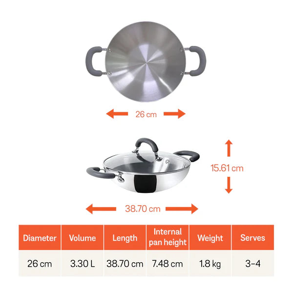 Meyer Trivantage Stainless Steel Triply Kadhai with lid, 26 cm Kadhai