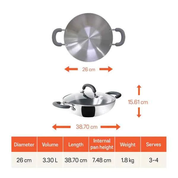 Meyer Trivantage Stainless Steel Triply Kadhai with lid, 26 cm