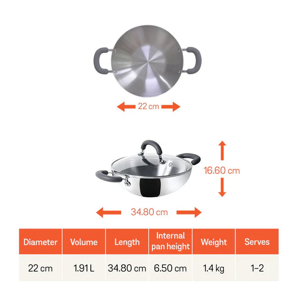 Meyer Trivantage Stainless Steel Triply Kadhai with lid, 22 cm Kadhai
