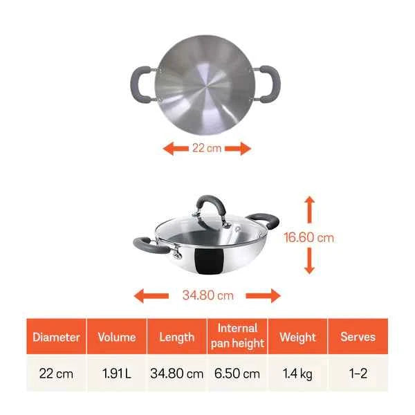 Meyer Trivantage Stainless Steel Triply Kadhai with lid, 22 cm