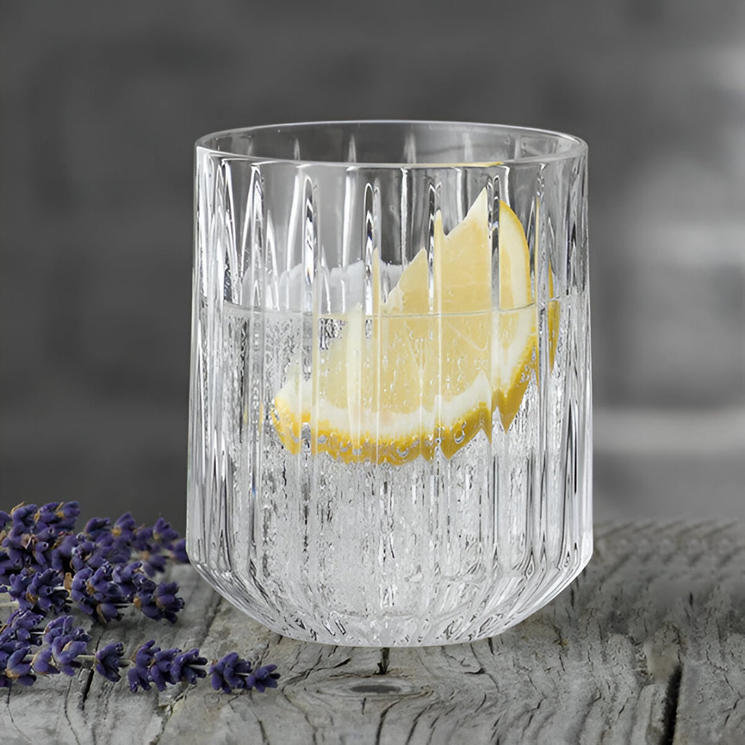 Nachtmann Jules whiskey glasses featuring a textured design filled with sparkling water and lemon slice