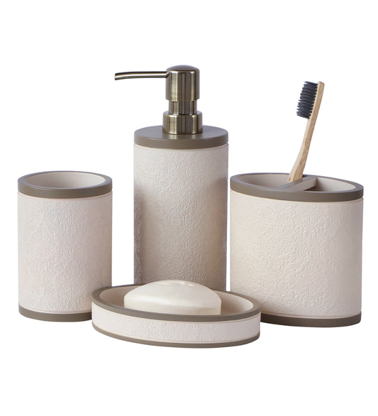 Obsessions Alvina Polyresin 4pcs Bathroom Set Beige featuring soap dispenser, toothbrush holder, and more
