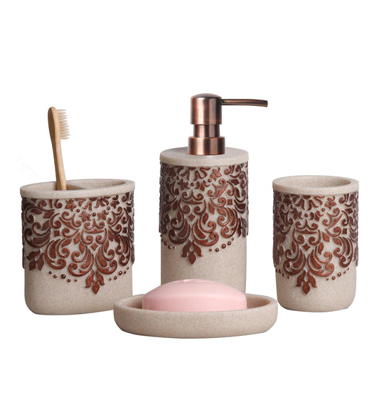 Obsessions Alvina Polyresin 4pcs Bathroom Set Brown with elegant floral design and pink soap dish