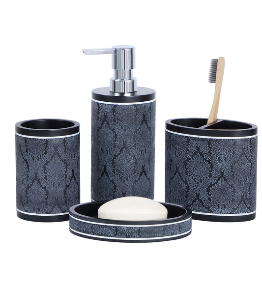Obsessions Alvina Polyresin 4pcs Bathroom Set Dark Grey featuring stylish containers for soap, toothbrush, and lotion