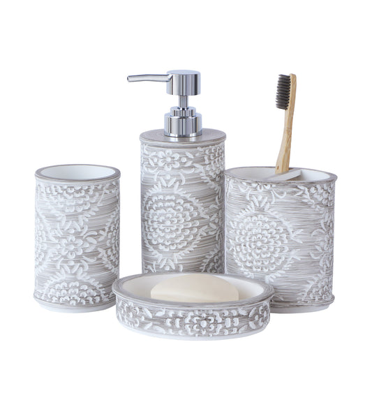 Obsessions Alvina Polyresin 4pcs Bathroom Set Dark Grey White featuring elegant floral design and essential accessories