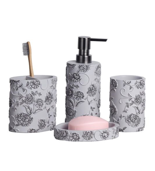 Obsessions Alvina Polyresin 4pcs Bathroom Set Grey with floral design, including soap dispenser and toothbrush holder
