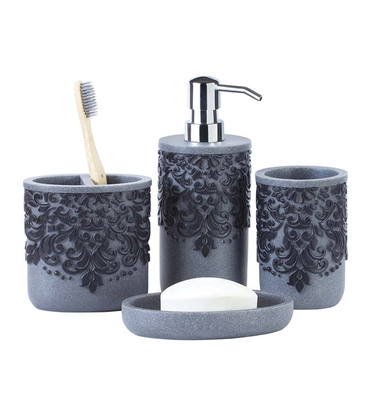 Obsessions Alvina Polyresin 4pcs Bathroom Set Grey Black with Elegant Design and Convenient Accessories