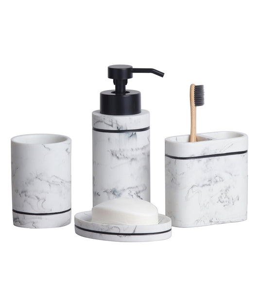 Obsessions Alvina Polyresin 4pcs Bathroom Set Marble with Soap Dispenser and Toothbrush Holder