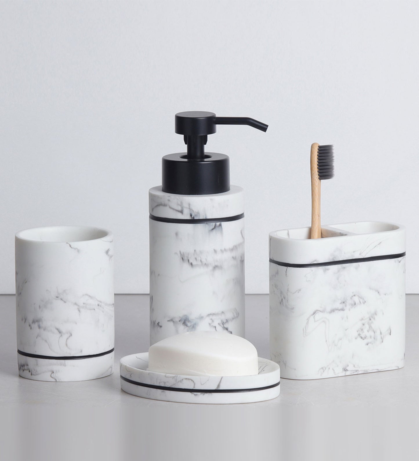 Obsessions Alvina Polyresin 4pcs Bathroom Set Marble in elegant white and black design for modern bathrooms