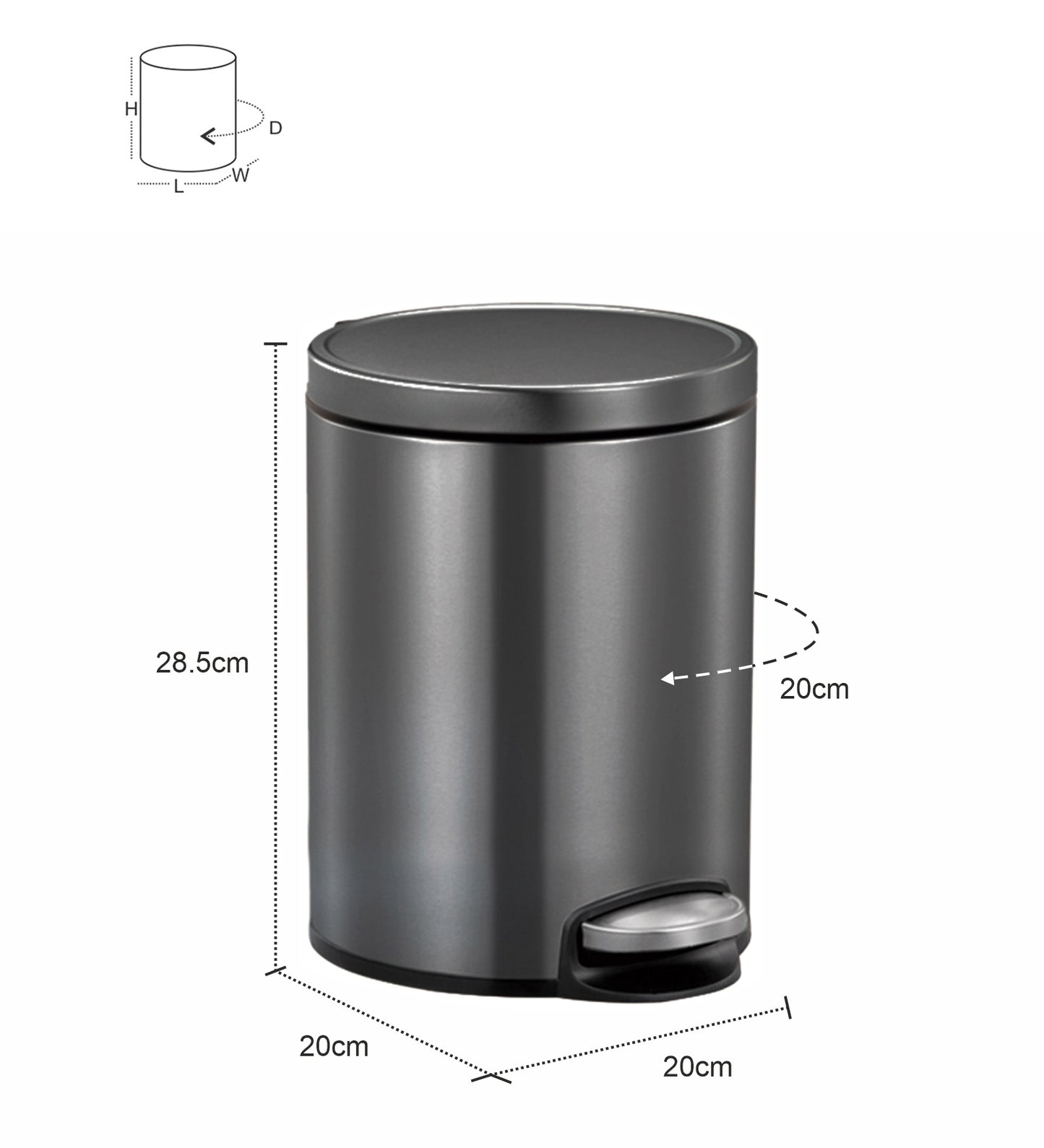 Obsessions Artistic Stainless Steel Dustbin 5 Ltr Black Steel with size and dimensions guide