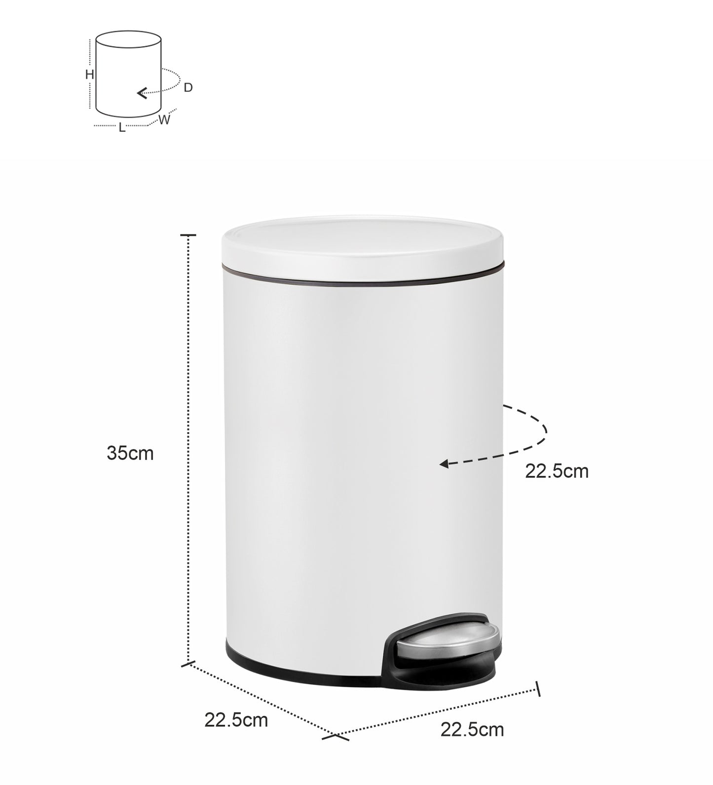 Obsessions Artistic Stainless Steel Dustbin 8 Ltr White with size specifications