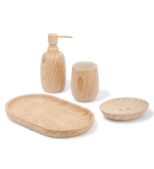 Obsessions Azure Polyresin bathroom set wood with dispenser, cup, soap dish, and tray for a natural look
