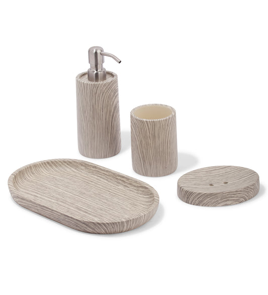 Obsessions Azure PolyResin grey beige 4 pcs bathroom set with stylish textured finish for modern decor