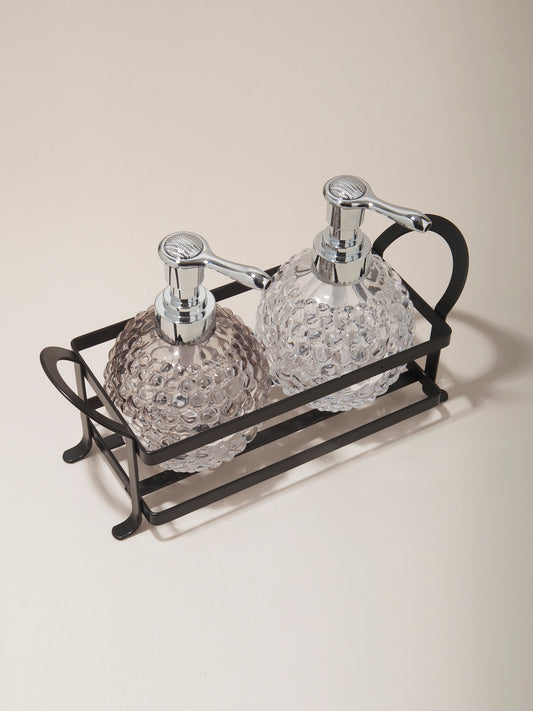 Obsessions prism glass bathroom set twin with elegant glass dispensers in a stylish holder