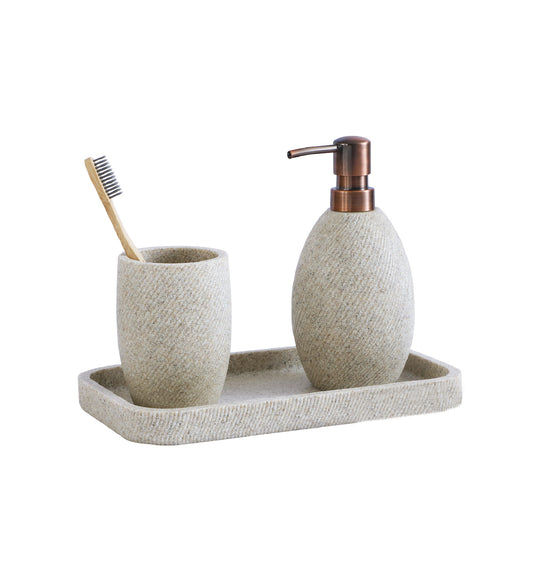Obsessions Vibe Polyresin 3 pcs Bathroom Set Sandstone with soap dispenser, toothbrush holder, and tray