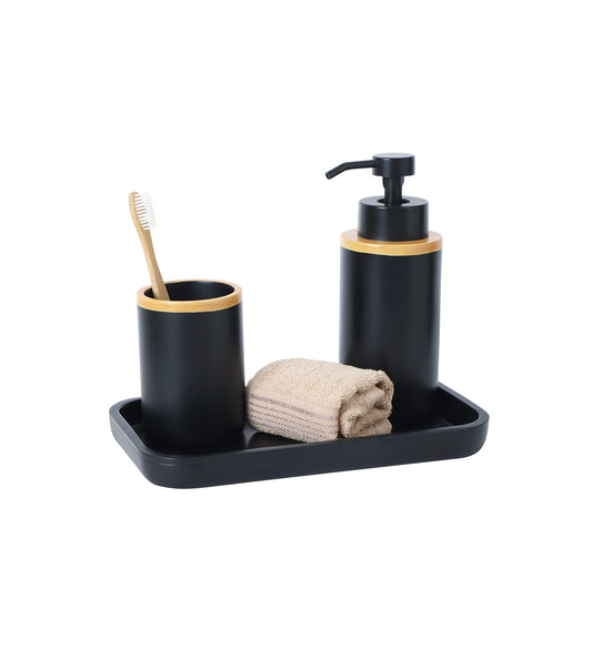 Obsessions Vibe Polyresin 3 pcs Black Bathroom Set with Soap Dispenser and Toothbrush Holder