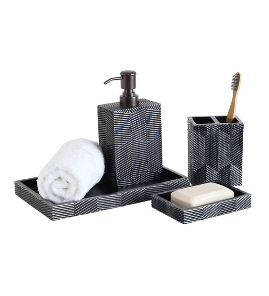 Obsessions Vibe Polyresin 4pcs Bathroom set Grey featuring soap dispenser, toothbrush holder, and trays