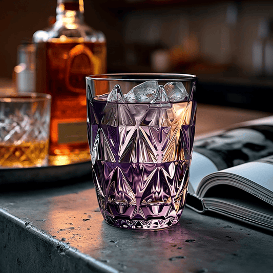 Prisma Colored Glasses Set of 6 Purple 300ml multi-use glass filled with ice on countertop
