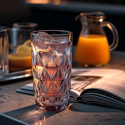 Prisma Colored Glasses Set of 6 Purple 500ml filled with iced drink on a table next to book and juice pitcher
