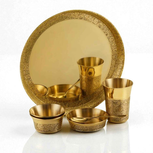Heritage Pure Brass Dinner Set 57 pcs - 18 Plates, 12 Bowls, 6 Glasses, 1 jug, 4 Serving Bowls, 4 Serving Spoons, 12 Spoons
