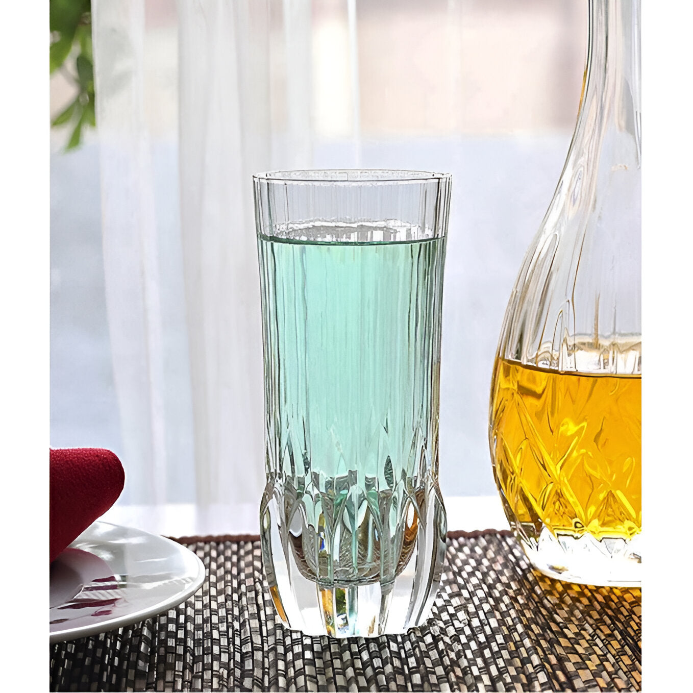 RCR Adagio Highball Glasses 400ml Set of 6 on a table with colorful beverages