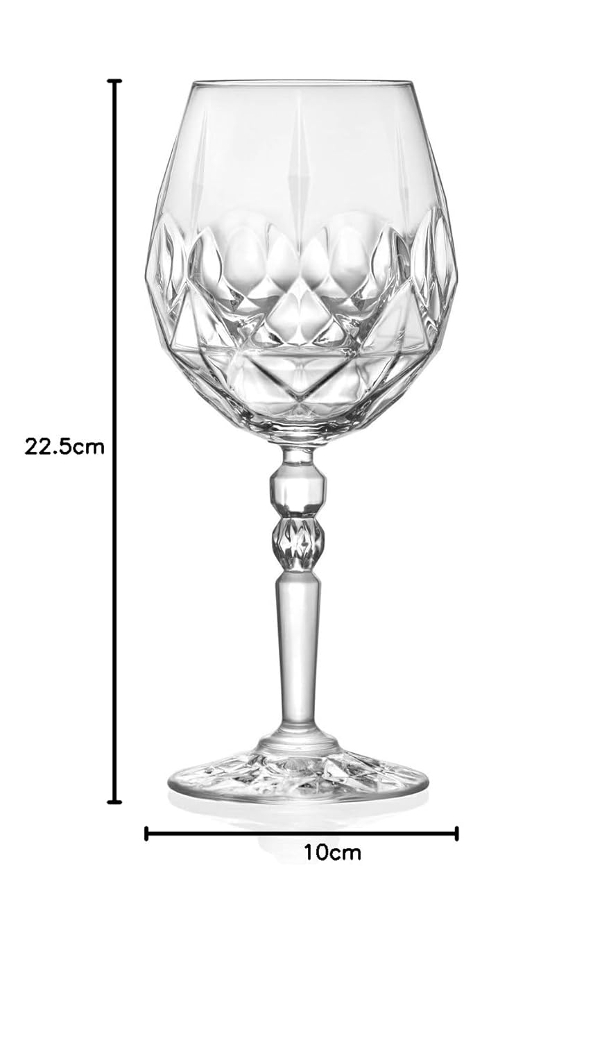 RCR Alkemist Red Wine Glass with dimension callouts, showcasing its size and elegant form for optimal use