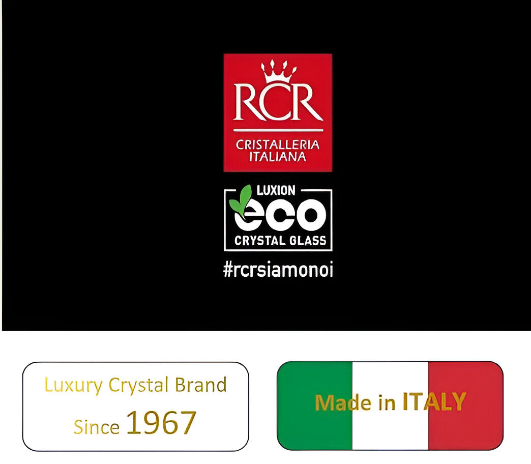 RCR Etna DOF Whiskey Glasses displayed with RCR Cristalleria Italiana luxury branding and eco-friendly features
