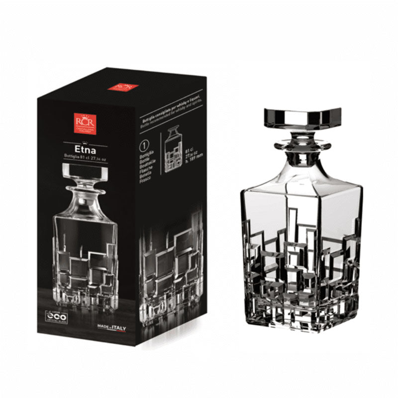 RCR Etna Whiskey Decanter Bottle gift box, showcasing branding and packaging for the 810ml crystal decanter
