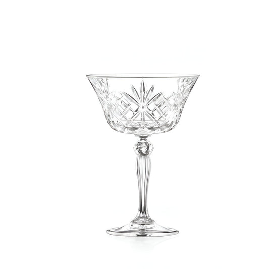Single RCR Melodia Champagne Coupe Glass, 260ml, clear crystal with intricate cut design, empty