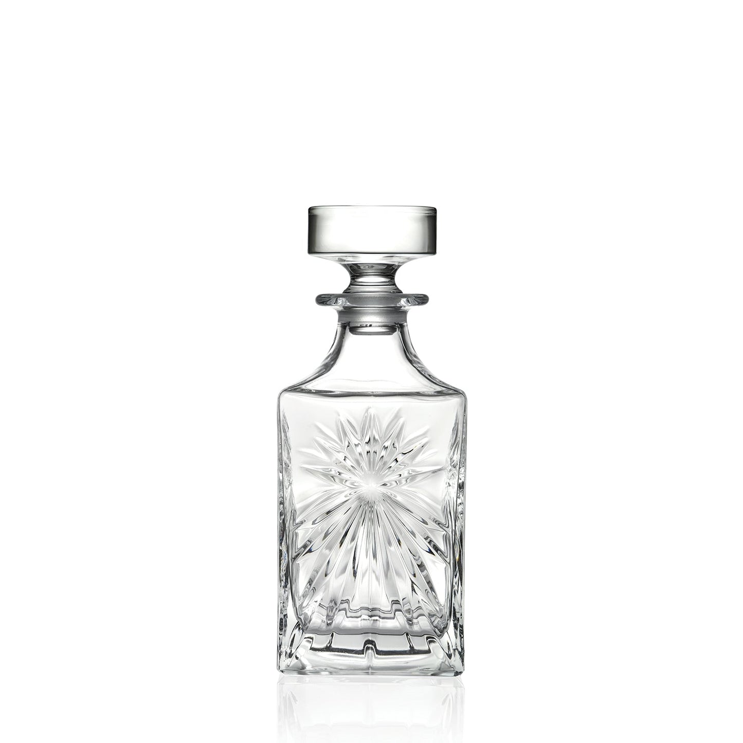 Single RCR Oasis Whiskey Decanter Bottle, 850ml, empty clear crystal with starburst cut design, on a white background
