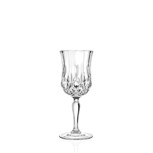 Single RCR Opera White Wine Glass, 160ml, clear crystal with intricate cut design. Empty on a white background