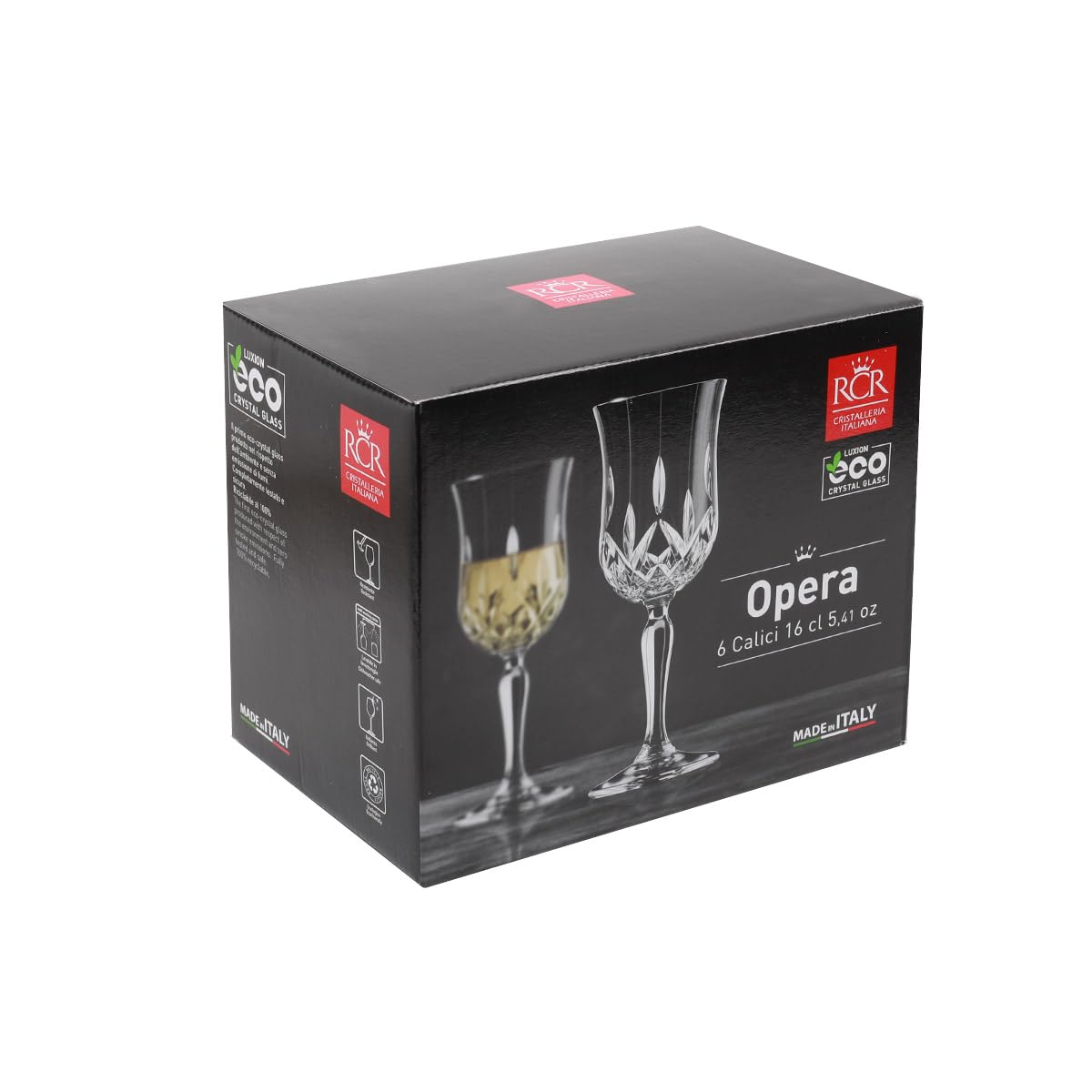 RCR Opera White Wine Glasses gift set box, showcasing branding and packaging for the 160ml crystal glasses