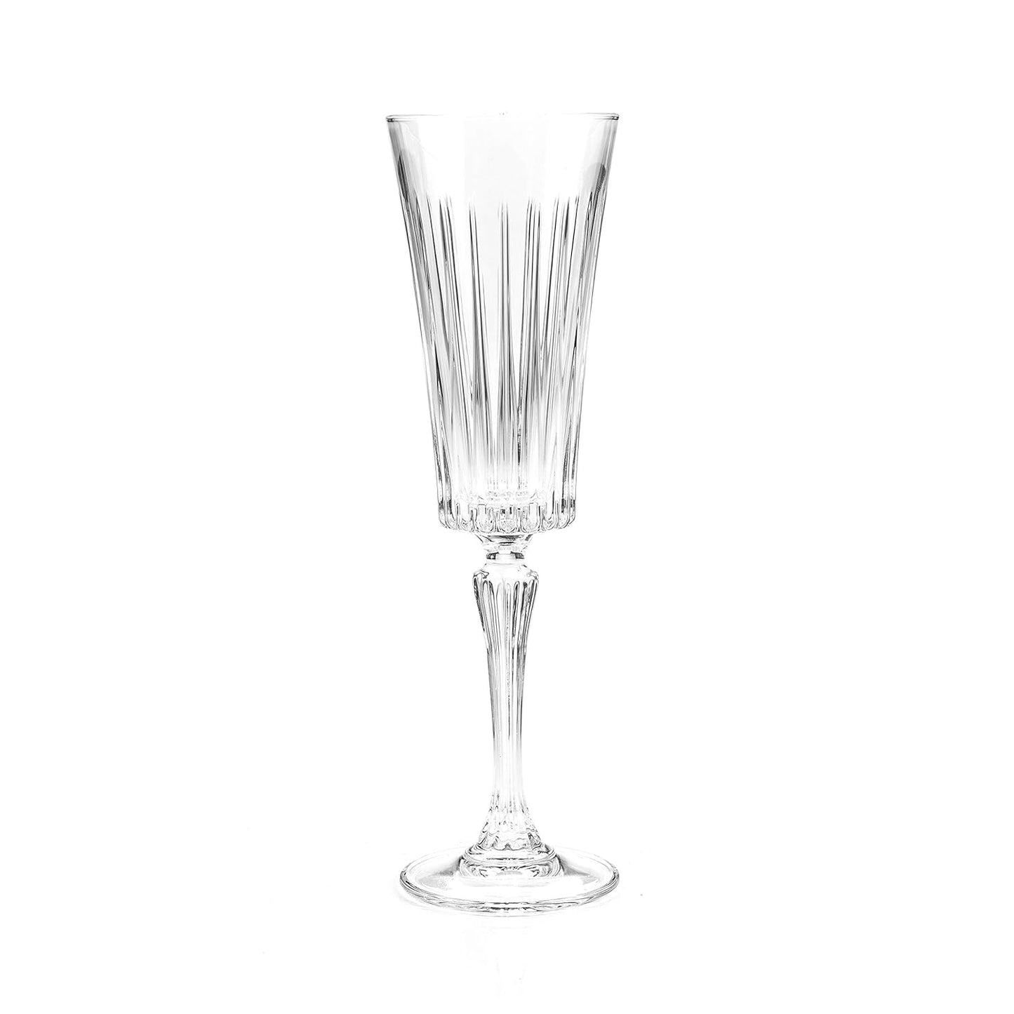 Single RCR Timeless Champagne Flute Glass, 210ml, clear crystal with intricate detail. Empty on white background
