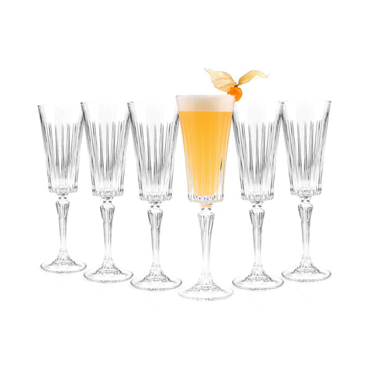 Set of 6 RCR Timeless Champagne Flute Glasses, 210ml, crystal clear, one filled. Ideal for special occasions