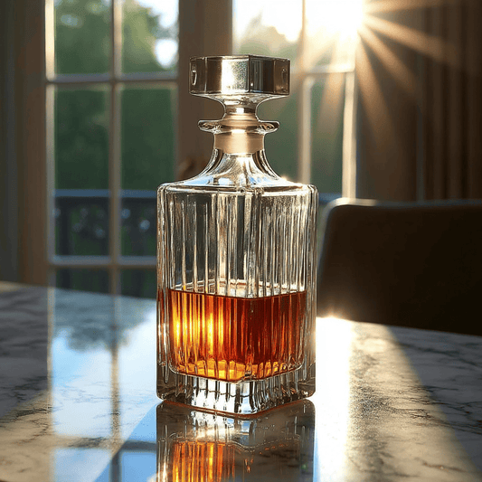 Front view of the RCR Timeless glass whiskey bottle decanter, featuring a tall, rectangular shape in front of a window