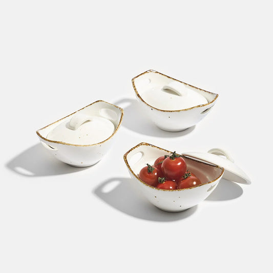 Rena Porcelain Amalfi Concave Dish, 85 ml, Set of 3 with unique design for serving appetizers or snacks.