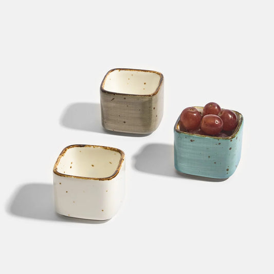 Rena Porcelain Amalfi Cube Dish, 85 ml, Set of 3 in assorted colors for stylish serving