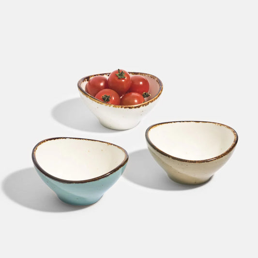 Rena Porcelain Amalfi Curve Dish 100 ml, Set of 3 in assorted colors for serving snacks and appetizers