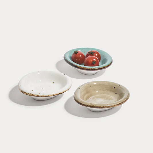 Rena Porcelain Amalfi Scoop Dish, 30 ml, Set of 3 in assorted colors with fresh tomatoes