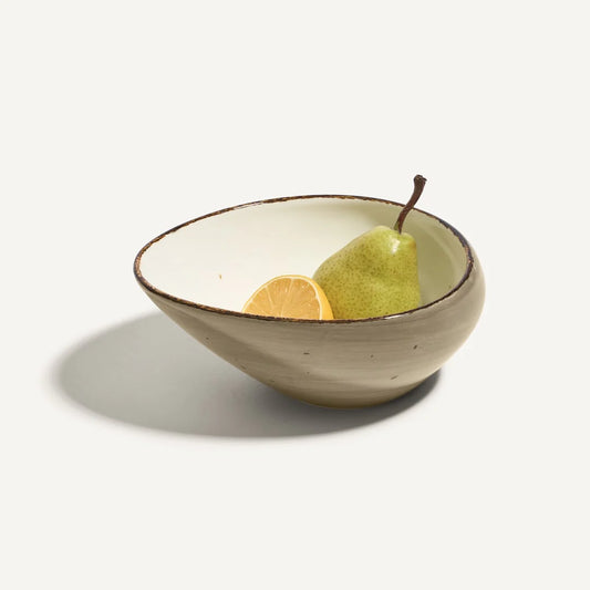 Rena Porcelain Amalfi Taupe Drop Dish 750 ml with a decorative pear and lemon slice inside