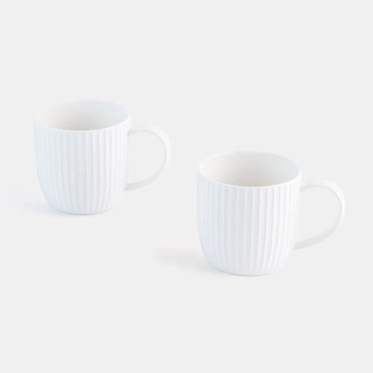 Rena Porcelain Linear White Coffee Mug 350 ml 2 pcs Set with textured ribbed design for stylish beverage enjoyment