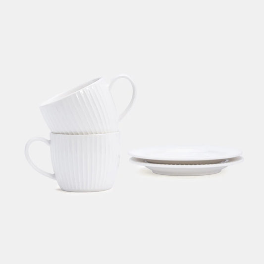 Rena Porcelain Linear White Espresso Cup 125 ml 2 pcs Set stacked with matching saucer